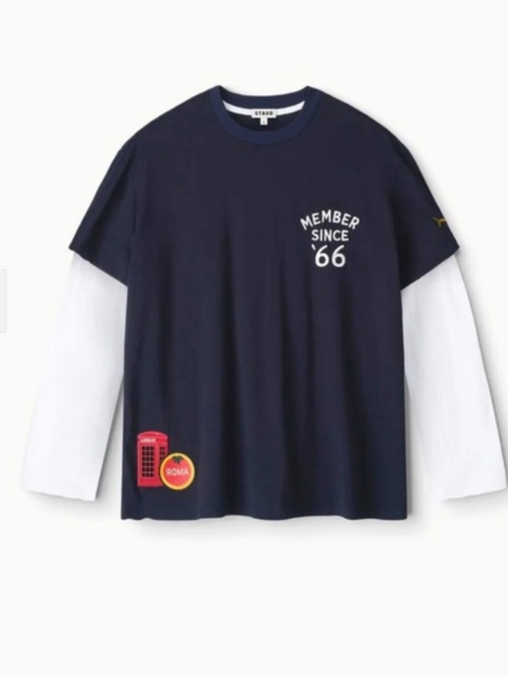 Staud William Member Since Patchwork Double Layer Navy Long Sleeve Shirt